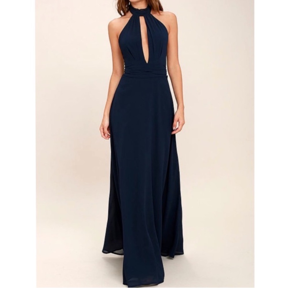 Lulus Navy Blue First Comes Love Halter Neck Maxi Dress Gown